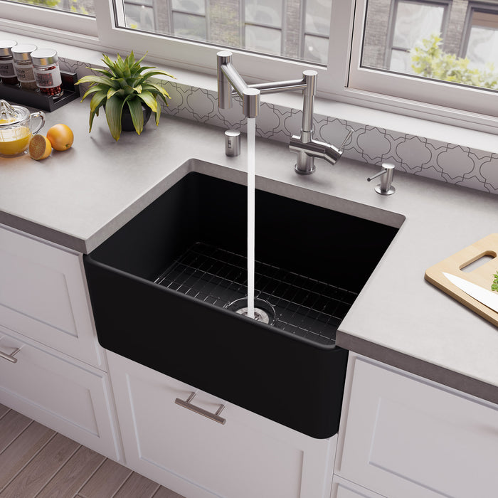 ALFI brand ABF2418 24" White Thin Wall Single Bowl Smooth Apron Fireclay Kitchen Farm Sink Black Matte