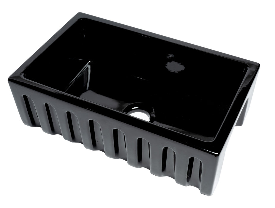 ALFI brand AB3018HS-W 30 inch White Reversible Smooth / Fluted Single Bowl Fireclay Farm Sink Black Gloss