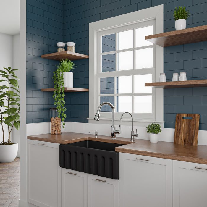 ALFI brand AB3018HS-W 30 inch White Reversible Smooth / Fluted Single Bowl Fireclay Farm Sink Black Matte