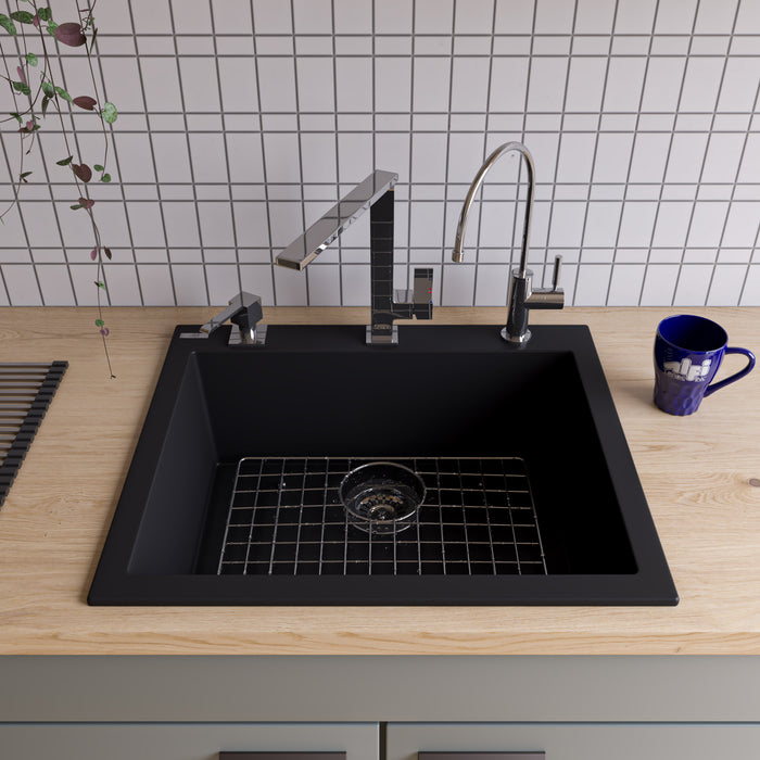 ALFI brand AB2420DI-W White 24" Drop-In Single Bowl Granite Composite Kitchen Sink Black