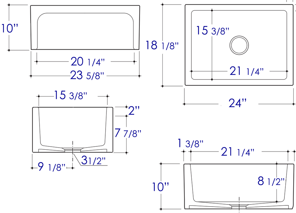ALFI brand AB2418ARCH-W 24" White Arched Apron Thick Wall Fireclay Single Bowl Farm Sink Biscuit