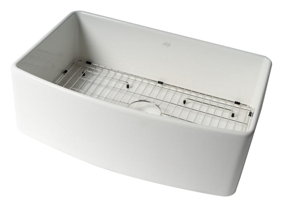 ALFI Brand ABFC3020-W White Smooth Curved Apron 30" x 20" Single Bowl Fireclay Farm Sink with Grid White