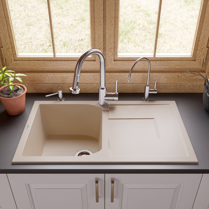 ALFI brand AB1620DI-W White 34" Single Bowl Granite Composite Kitchen Sink with Drainboard Biscuit