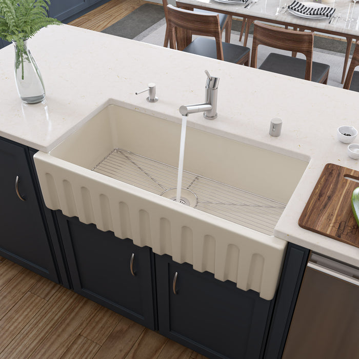 ALFI brand AB3618HS-W 36 inch White Reversible Smooth / Fluted Single Bowl Fireclay Farm Sink Biscuit