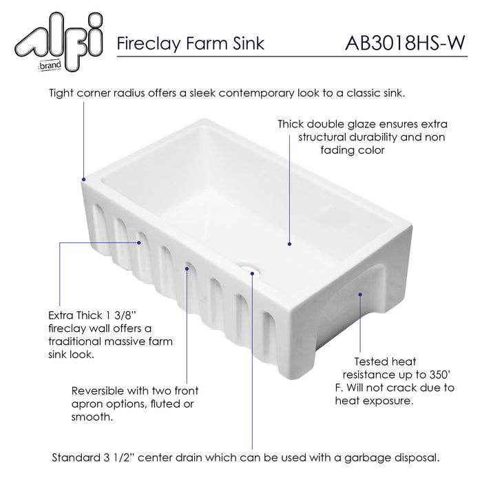 ALFI brand AB3018HS-W 30 inch White Reversible Smooth / Fluted Single Bowl Fireclay Farm Sink White
