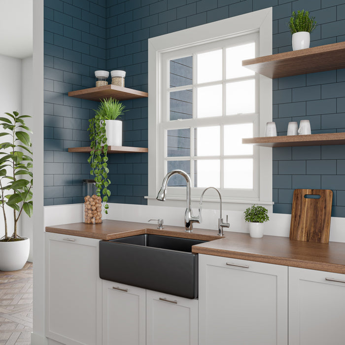 ALFI brand AB3018HS-W 30 inch White Reversible Smooth / Fluted Single Bowl Fireclay Farm Sink Black Gloss