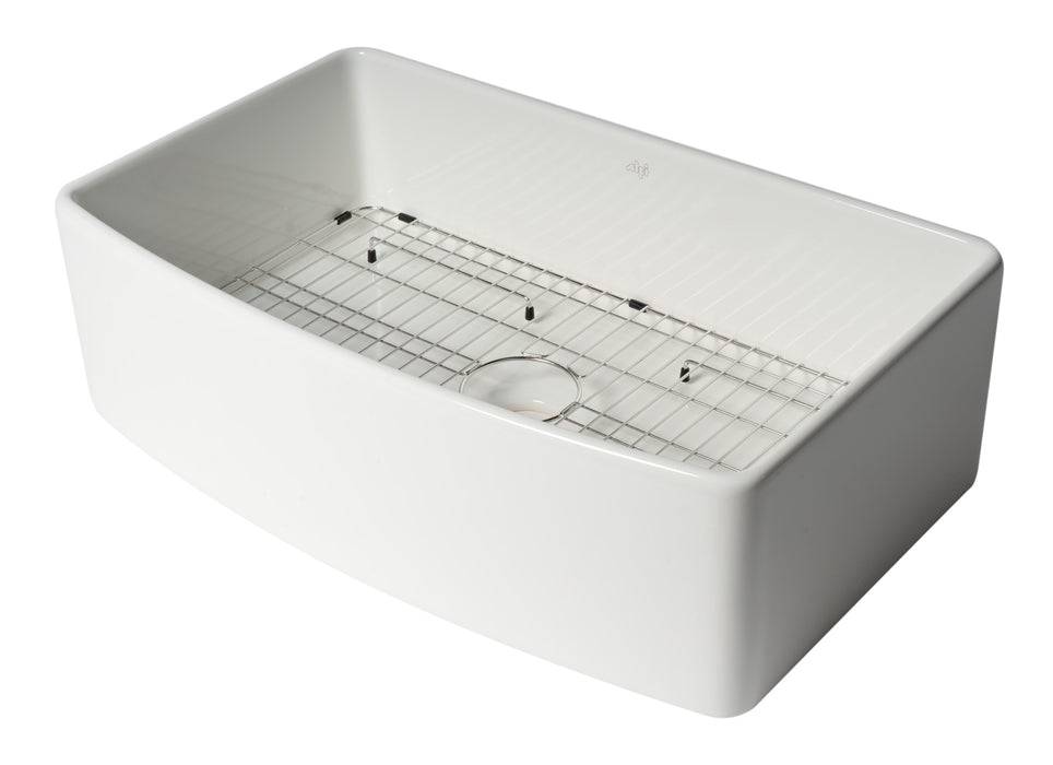 ALFI Brand ABFC3320S-W White Smooth Curved Apron 33" x 20" Single Bowl Fireclay Farm Sink with Grid White