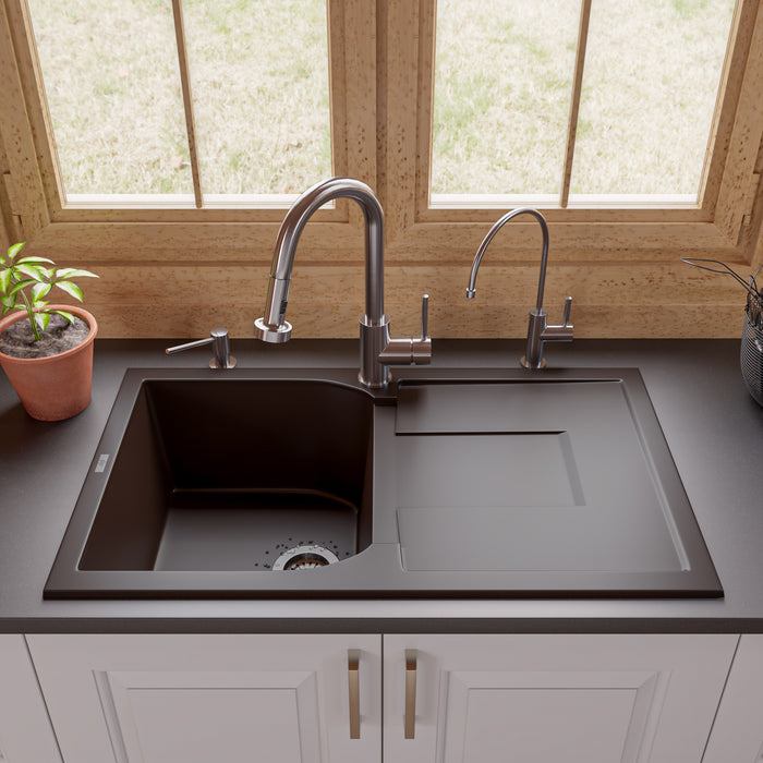 ALFI brand AB1620DI-W White 34" Single Bowl Granite Composite Kitchen Sink with Drainboard Chocolate