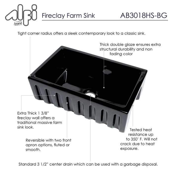 ALFI brand AB3018HS-W 30 inch White Reversible Smooth / Fluted Single Bowl Fireclay Farm Sink Black Gloss