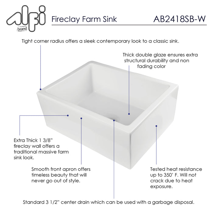 ALFI brand AB2418SB-W 24" White Smooth Thick Wall Fireclay Single Bowl Farm Sink White