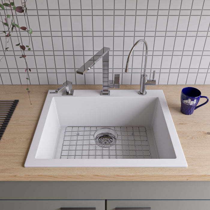 ALFI brand AB2420DI-W White 24" Drop-In Single Bowl Granite Composite Kitchen Sink White