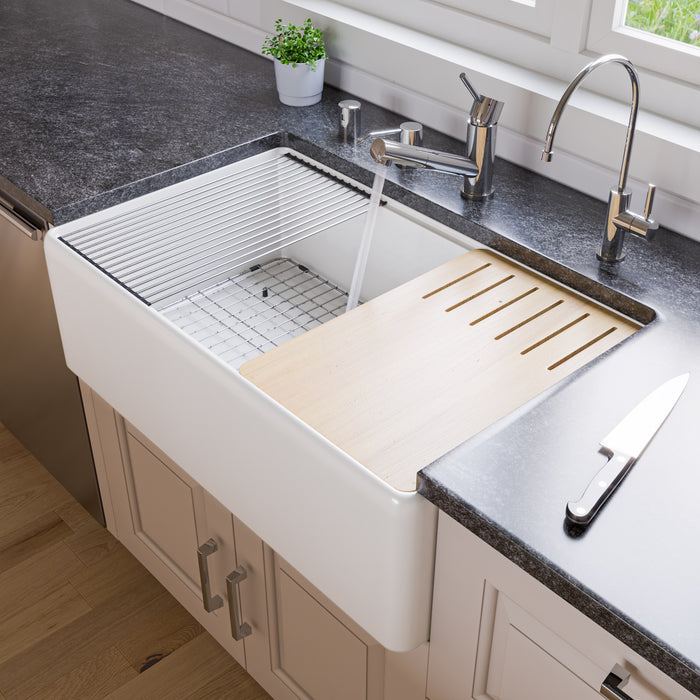 ALFI Brand ABFS3320S-W White Smooth Apron Workstation 33" x 20" Single Bowl Step Rim Fireclay Farm Sink with Accessories White