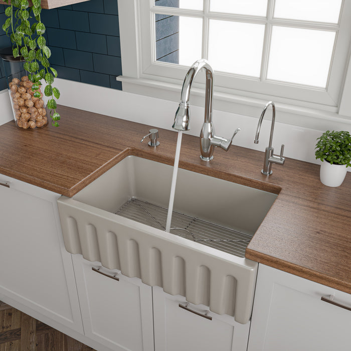ALFI brand AB3018HS-W 30 inch White Reversible Smooth / Fluted Single Bowl Fireclay Farm Sink Biscuit