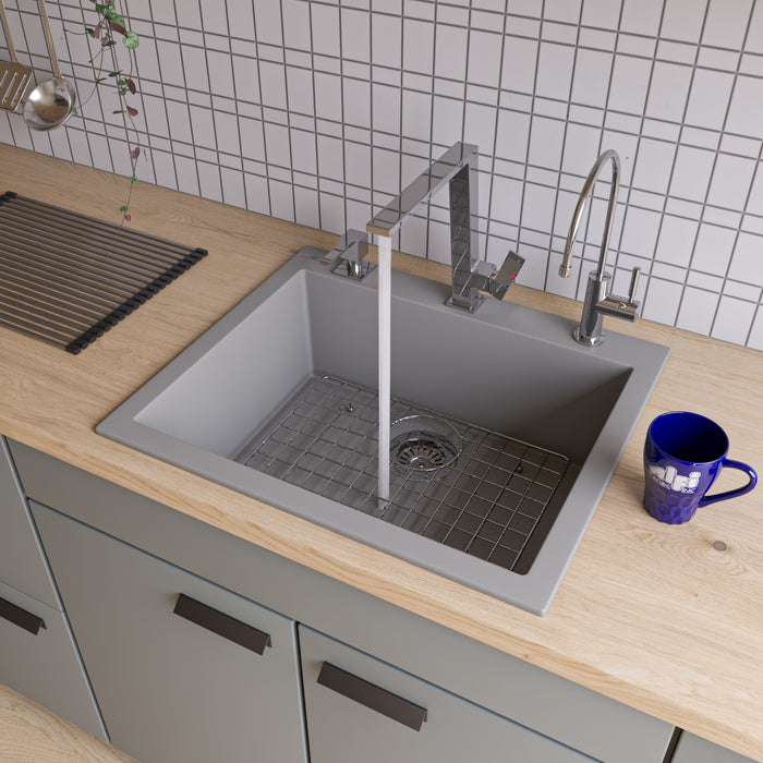 ALFI brand AB2420DI-W White 24" Drop-In Single Bowl Granite Composite Kitchen Sink Titanium