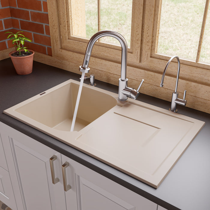 ALFI brand AB1620DI-W White 34" Single Bowl Granite Composite Kitchen Sink with Drainboard Biscuit