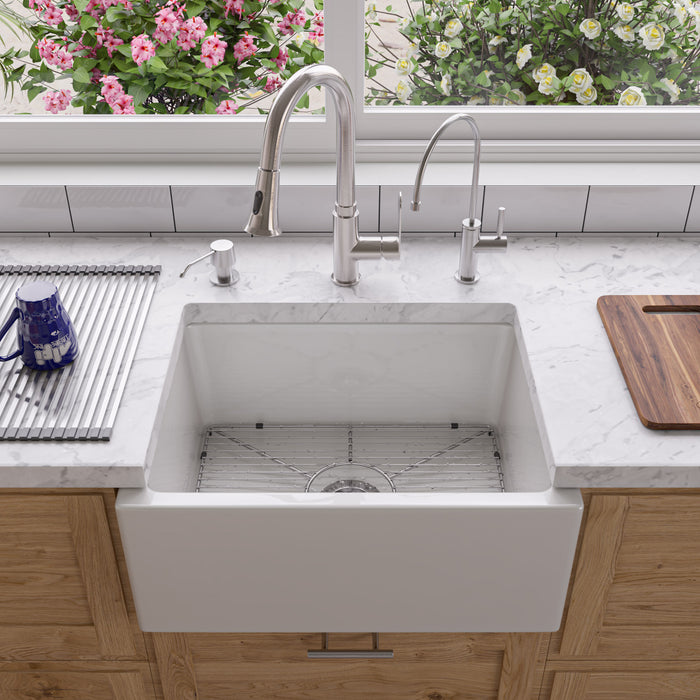 ALFI brand AB2418SB-W 24" White Smooth Thick Wall Fireclay Single Bowl Farm Sink White