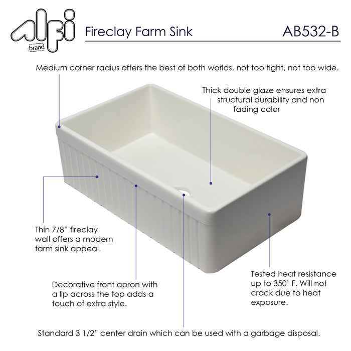 ALFI brand AB532-W 33" White Single Bowl Fluted Apron Fireclay Farm Sink