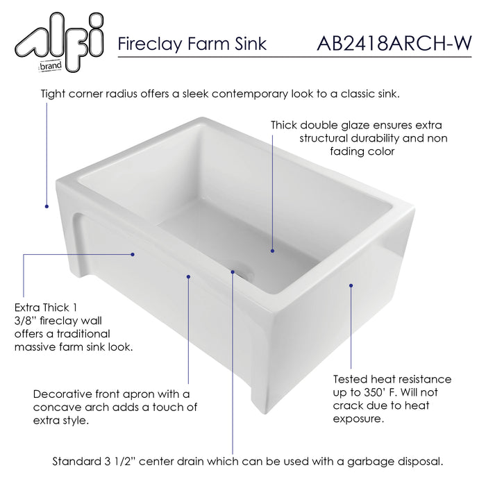ALFI brand AB2418ARCH-W 24" White Arched Apron Thick Wall Fireclay Single Bowl Farm Sink White