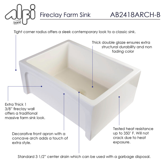 ALFI brand AB2418ARCH-W 24" White Arched Apron Thick Wall Fireclay Single Bowl Farm Sink Biscuit