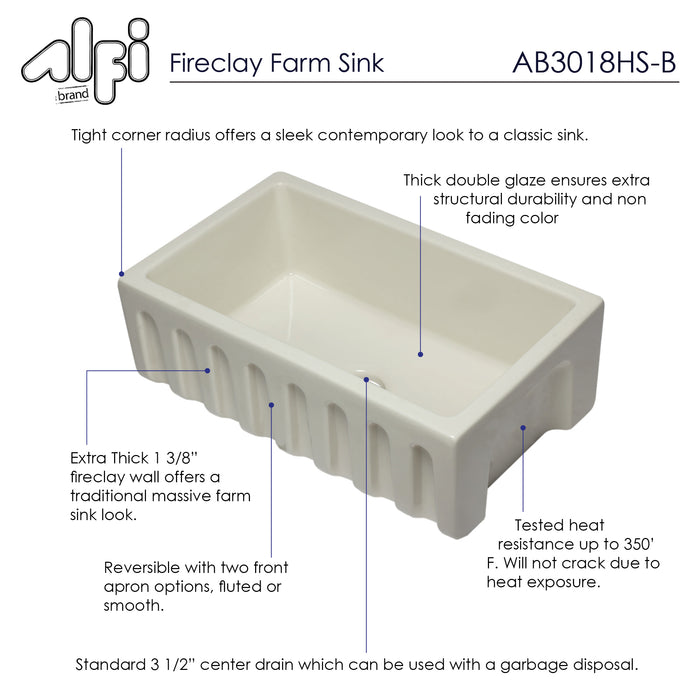 ALFI brand AB3018HS-W 30 inch White Reversible Smooth / Fluted Single Bowl Fireclay Farm Sink Biscuit