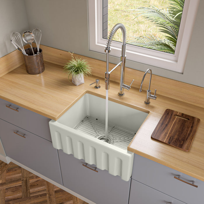 ALFI brand AB2418HS-W 24 inch White Reversible Smooth / Fluted Single Bowl Fireclay Farm Sink Biscuit