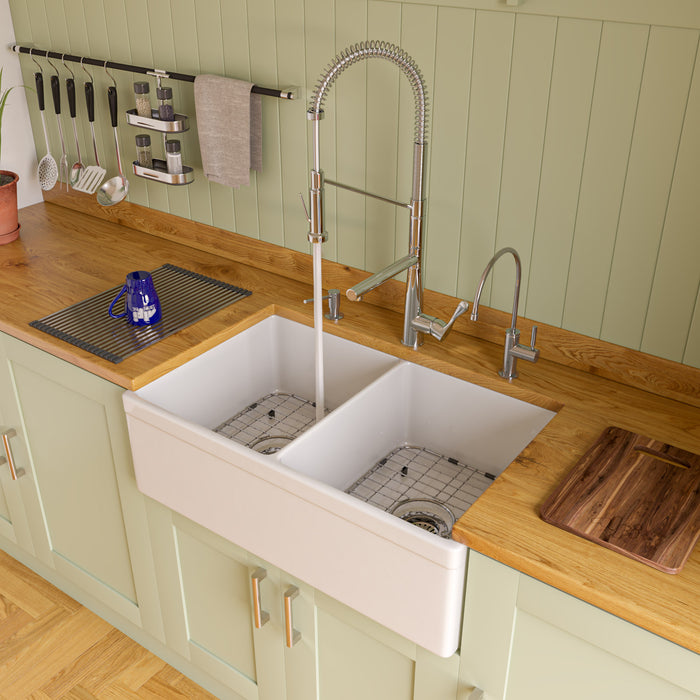 ALFI brand AB539-W White 32" Decorative Lip Apron Double Bowl Fireclay Farmhouse Kitchen Sink White