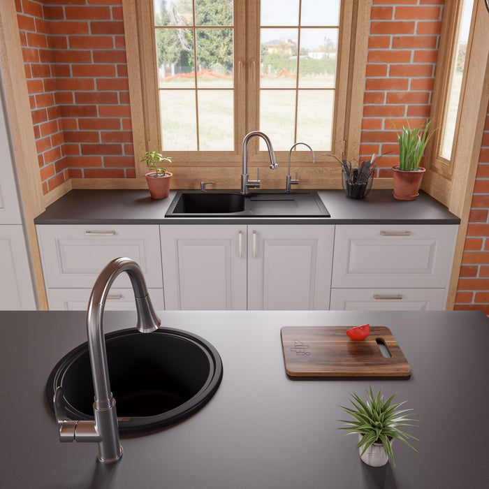 ALFI brand AB1620DI-W White 34" Single Bowl Granite Composite Kitchen Sink with Drainboard Black