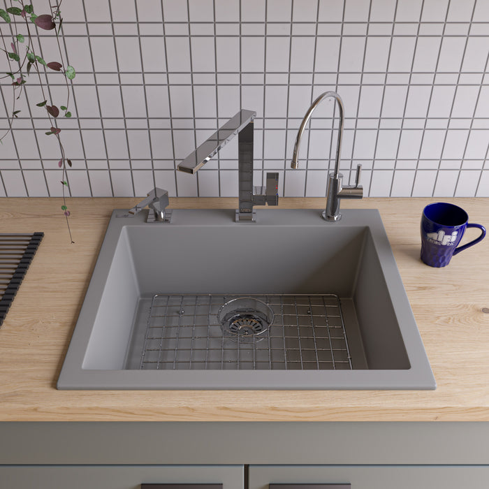 ALFI brand AB2420DI-W White 24" Drop-In Single Bowl Granite Composite Kitchen Sink Titanium
