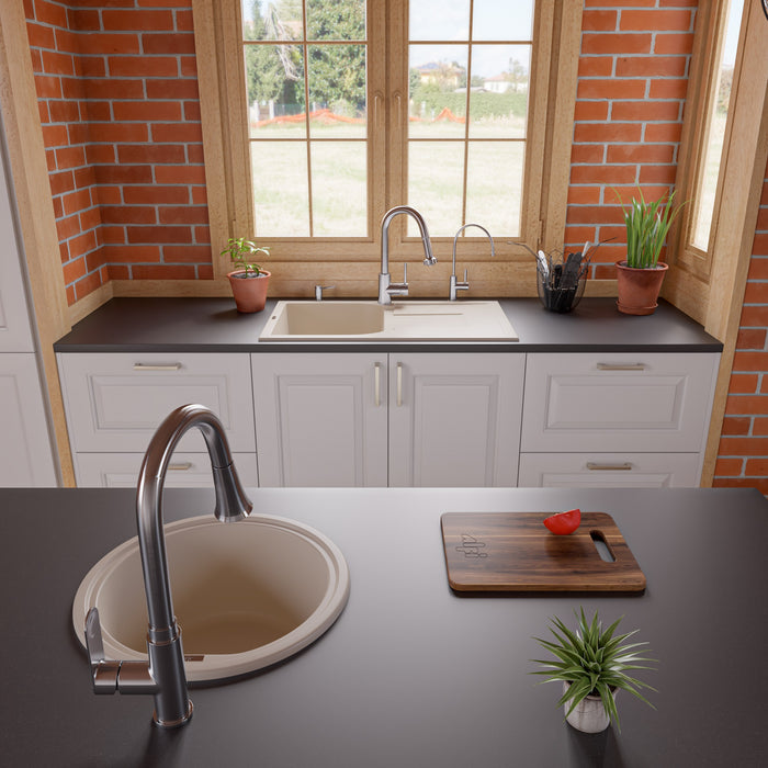 ALFI brand AB1620DI-W White 34" Single Bowl Granite Composite Kitchen Sink with Drainboard Biscuit