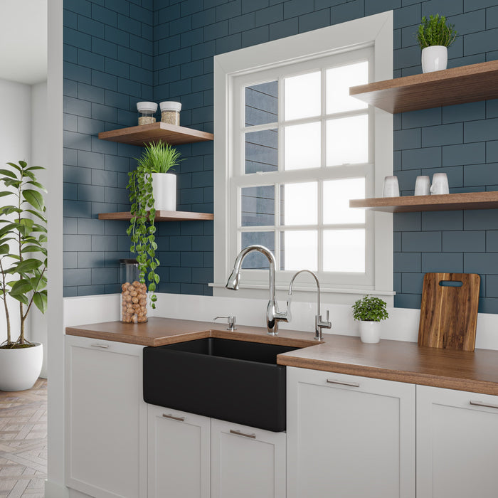 ALFI brand AB3018HS-W 30 inch White Reversible Smooth / Fluted Single Bowl Fireclay Farm Sink Black Matte