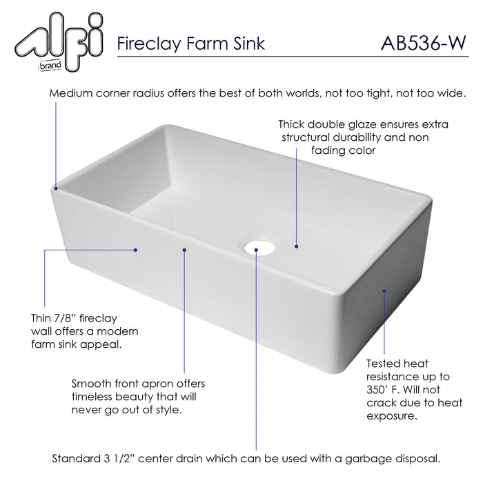 ALFI brand AB536-W White 36" Smooth Apron Single Bowl Fireclay Farm Sink White