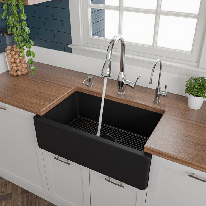 ALFI brand AB3018HS-W 30 inch White Reversible Smooth / Fluted Single Bowl Fireclay Farm Sink Black Matte