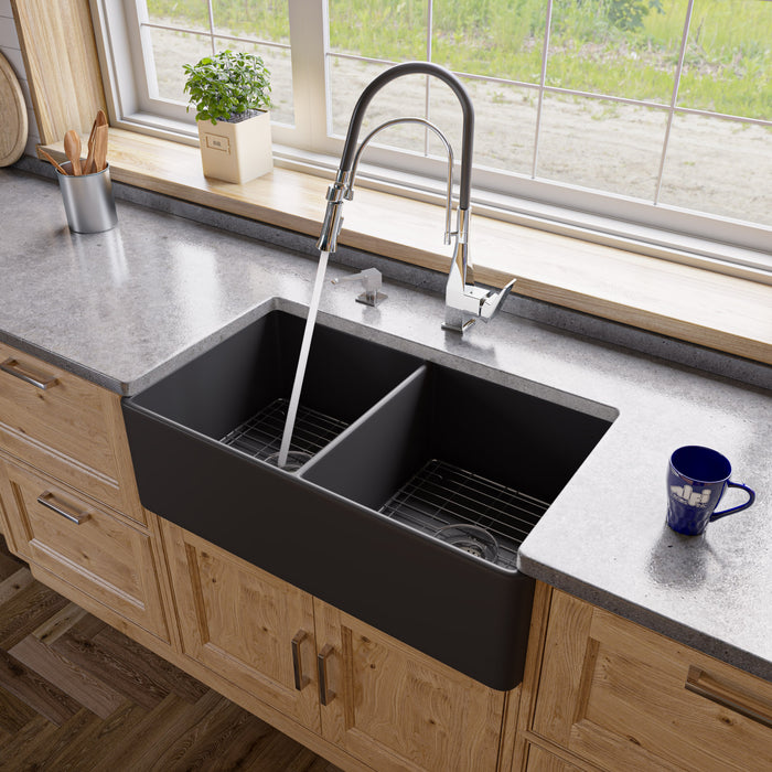 ALFI brand ABF3318D Smooth Apron 33" x 18" Double Bowl Fireclay Farm Sink Black Matte