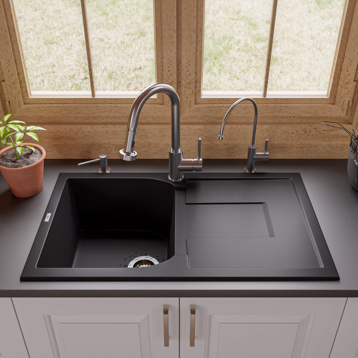 ALFI brand AB1620DI-W White 34" Single Bowl Granite Composite Kitchen Sink with Drainboard Black