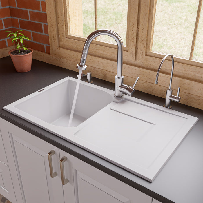 ALFI brand AB1620DI-W White 34" Single Bowl Granite Composite Kitchen Sink with Drainboard White