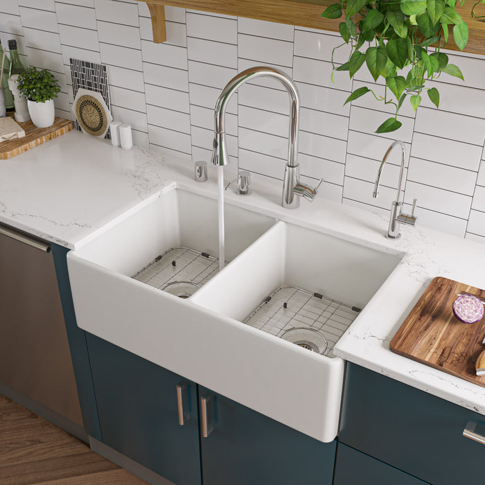 ALFI brand AB538-W White 32" Smooth Apron Double Bowl Fireclay Farmhouse Kitchen Sink White