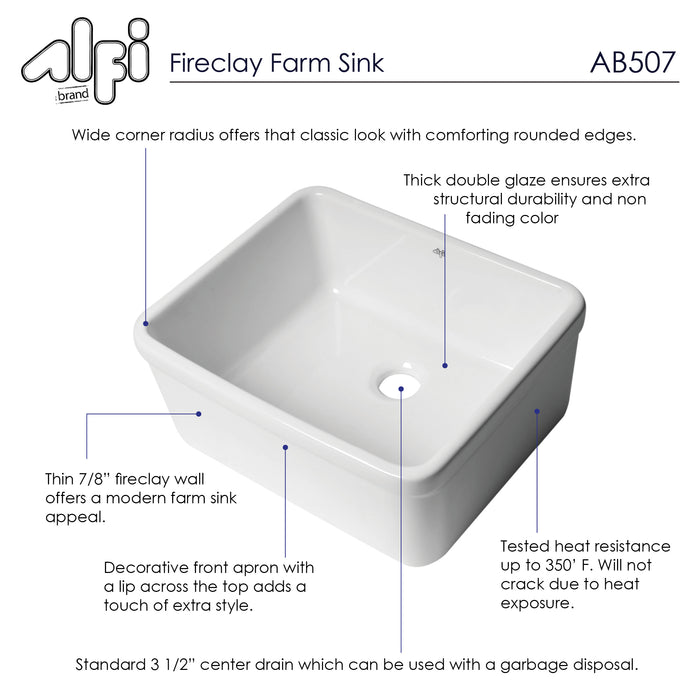 ALFI brand AB507 White 20" Single Bowl Apron Fireclay Farmhouse Kitchen Sink White