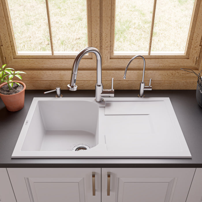 ALFI brand AB1620DI-W White 34" Single Bowl Granite Composite Kitchen Sink with Drainboard White