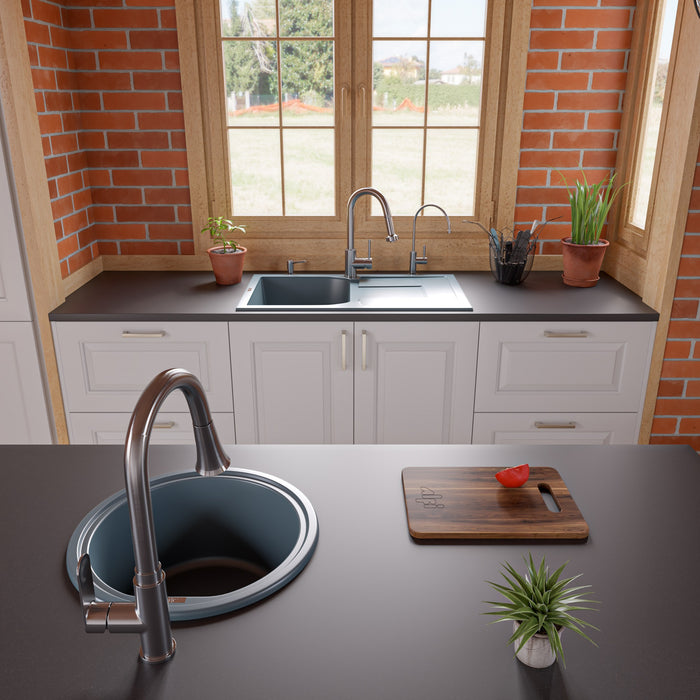 ALFI brand AB1620DI-W White 34" Single Bowl Granite Composite Kitchen Sink with Drainboard Titanium