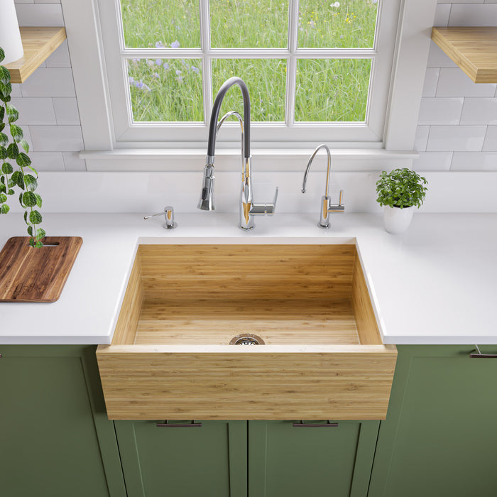 ALFI brand AB3021 30" Single Bowl Bamboo Kitchen Farm Sink Natural Wood