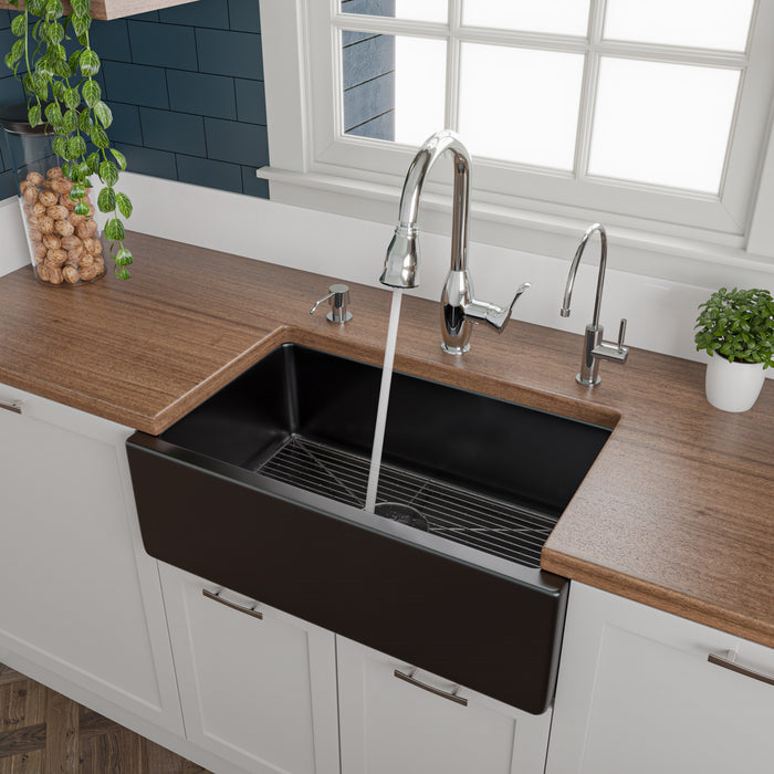 ALFI brand AB3018HS-W 30 inch White Reversible Smooth / Fluted Single Bowl Fireclay Farm Sink Black Gloss