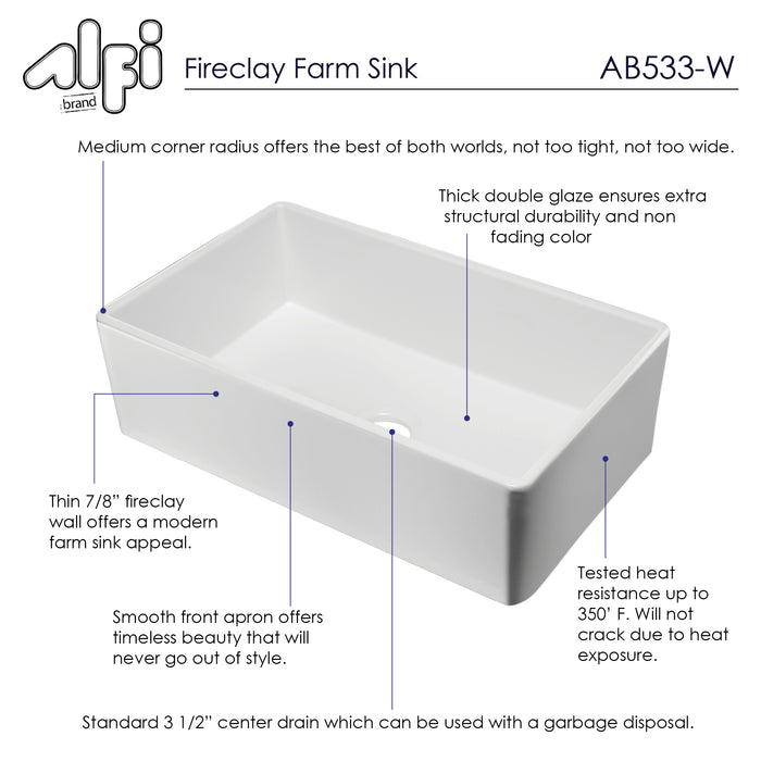 ALFI brand AB533-W 33" White Smooth Apron Single Bowl Fireclay Farm Sink White