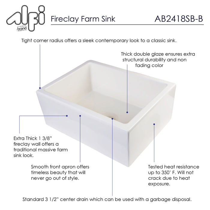 ALFI brand AB2418SB-W 24" White Smooth Thick Wall Fireclay Single Bowl Farm Sink Biscuit