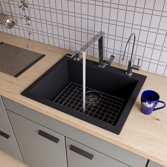 ALFI brand AB2420DI-W White 24" Drop-In Single Bowl Granite Composite Kitchen Sink Black