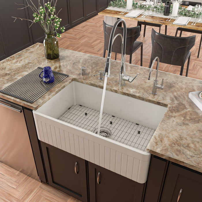 ALFI brand AB532-W 33" White Single Bowl Fluted Apron Fireclay Farm Sink White