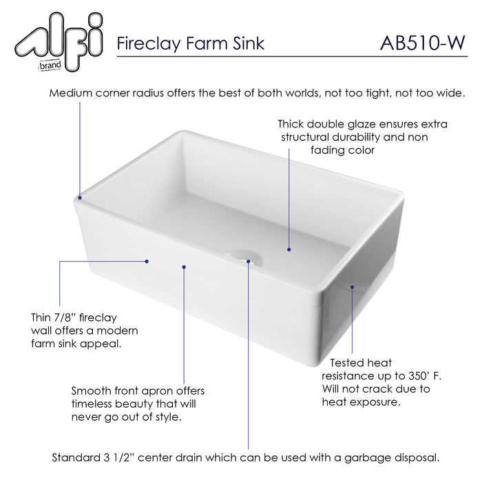ALFI brand AB510-W White 30" Contemporary Smooth Apron Fireclay Farmhouse Kitchen Sink White
