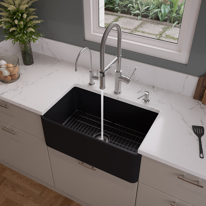 ALFI brand ABF3018 30" White Thin Wall Single Bowl Smooth Apron Fireclay Kitchen Farm Sink Black Matte