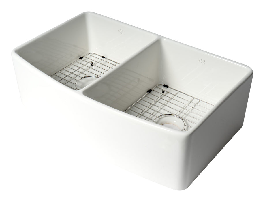 ALFI Brand ABFC3320D-W White Smooth Curved Apron 33" x 20" Double Bowl Fireclay Farm Sink with Grid White