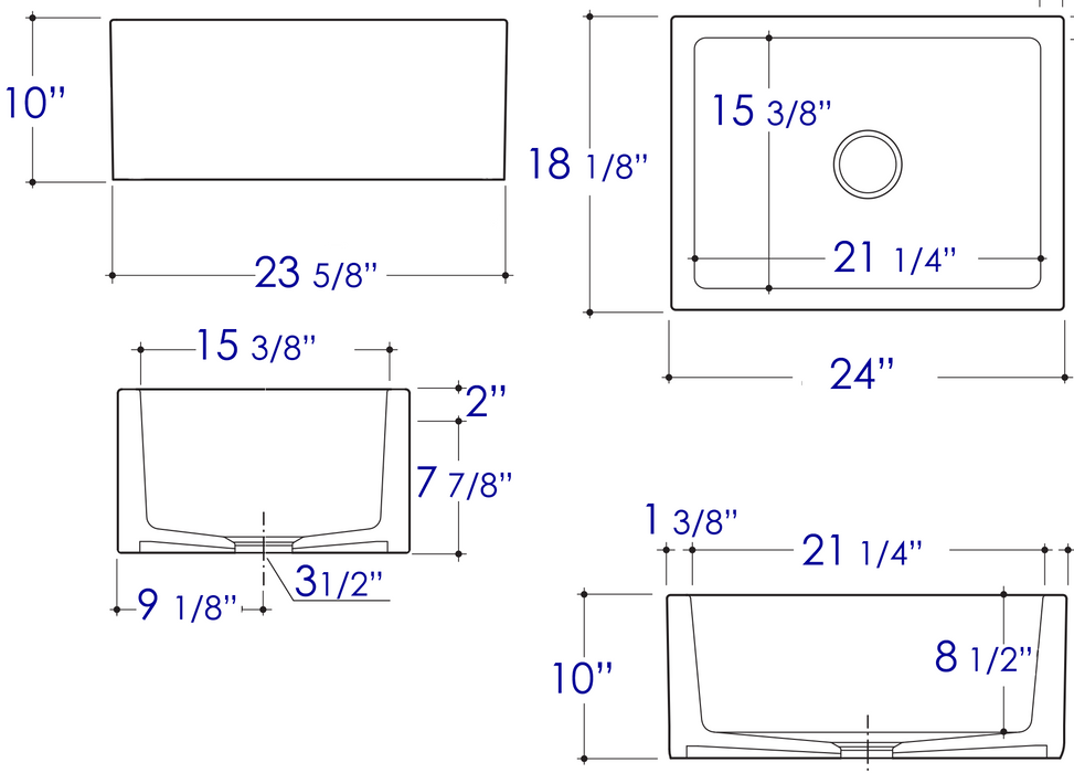ALFI brand AB2418SB-W 24" White Smooth Thick Wall Fireclay Single Bowl Farm Sink Biscuit
