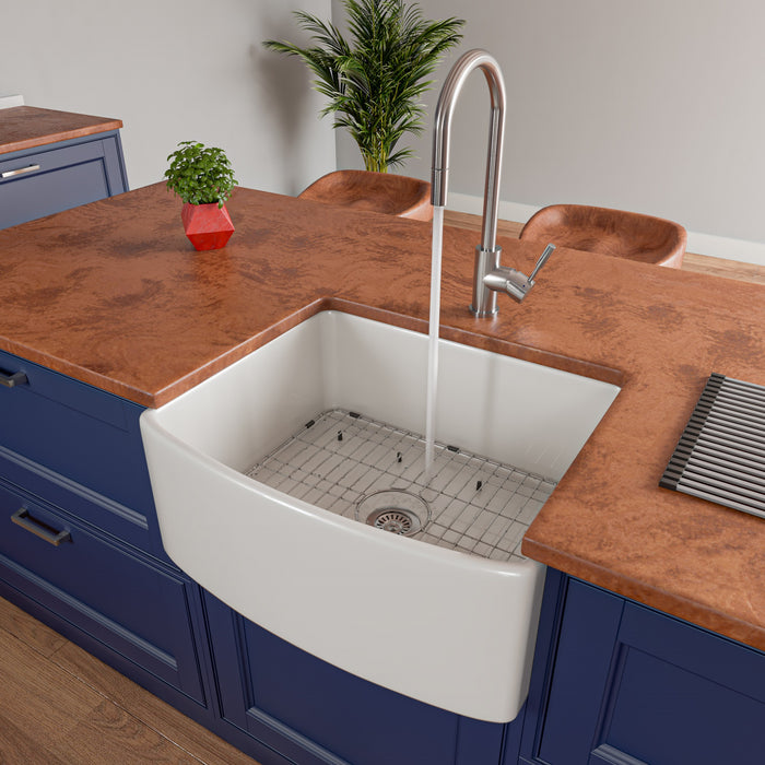 ALFI Brand ABFC2420-W White Smooth Curved Apron 24" x 20" Single Bowl Fireclay Farm Sink with Grid White